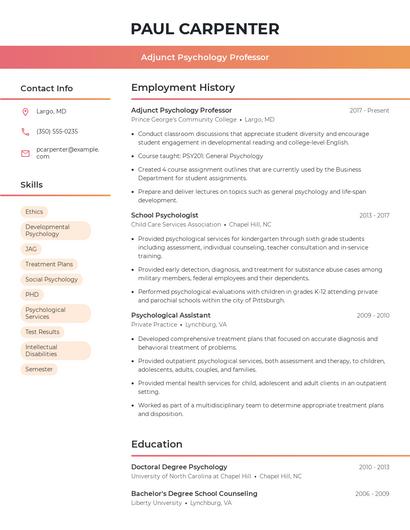 Adjunct Psychology Professor Resume