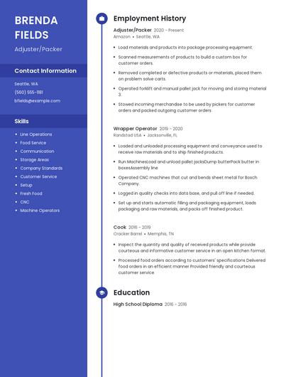 Adjuster/Packer Resume