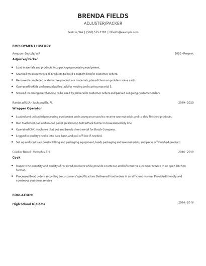 Adjuster/Packer Resume