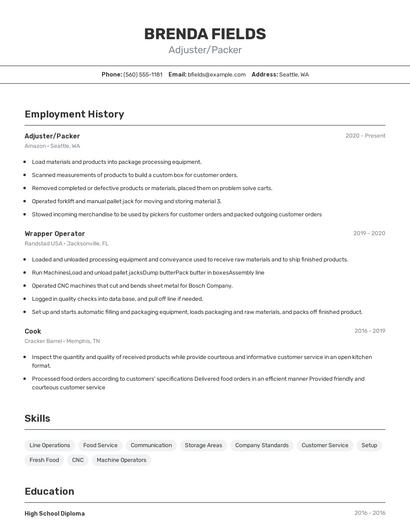 Adjuster/Packer Resume