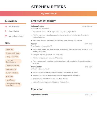 Adjuster/Packer Resume