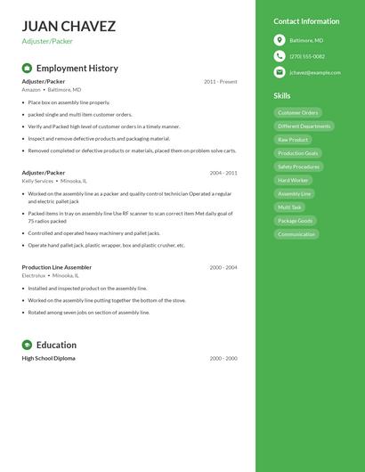 Adjuster/Packer Resume