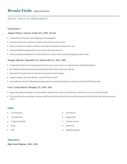 Adjuster/Packer Resume