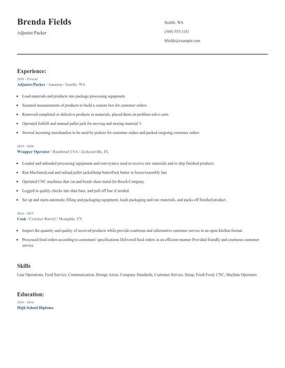 Adjuster/Packer Resume