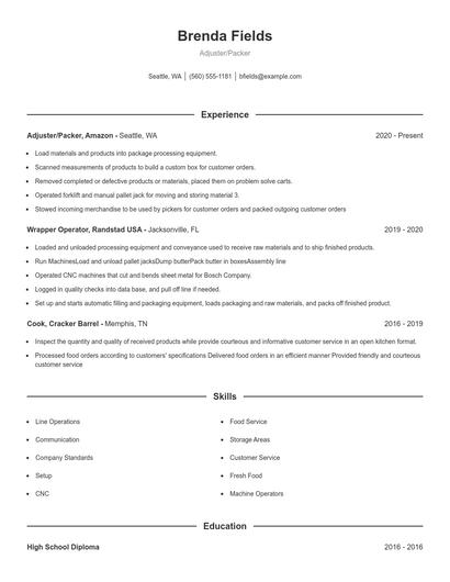 Adjuster/Packer Resume