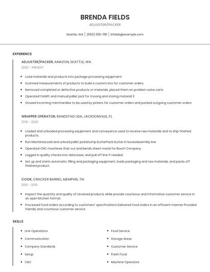 Adjuster/Packer Resume