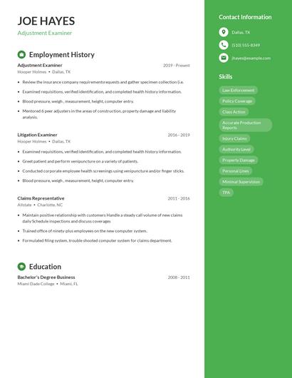 Adjustment Examiner Resume