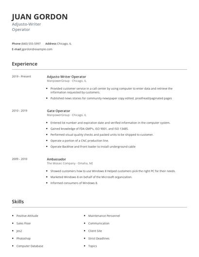 Adjusto-Writer Operator Resume