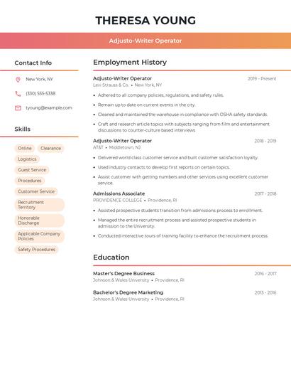 Adjusto-Writer Operator Resume