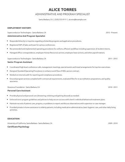 Administrative And Program Specialist Resume