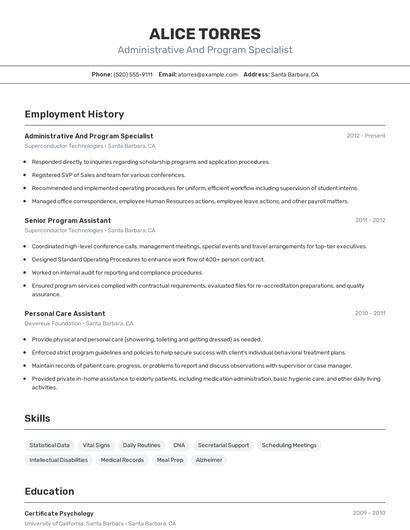 Administrative And Program Specialist Resume