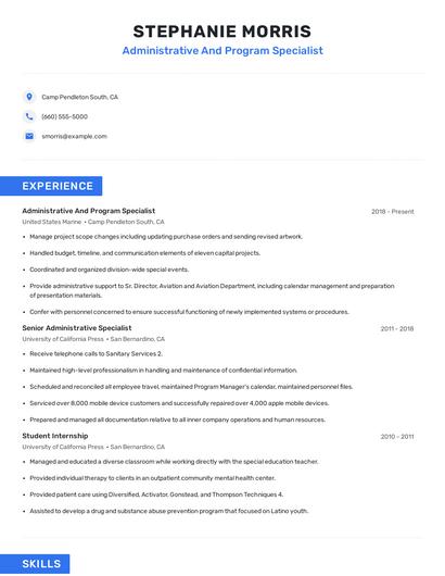 Administrative And Program Specialist Resume