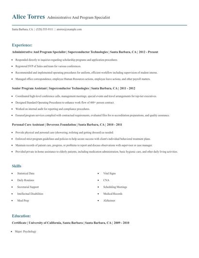Administrative And Program Specialist Resume