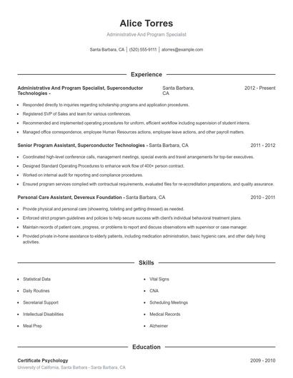 Administrative And Program Specialist Resume