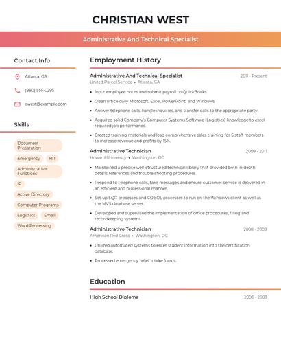 Administrative And Technical Specialist Resume