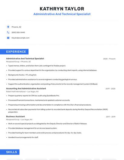 Administrative And Technical Specialist Resume