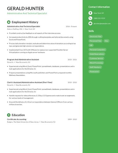 Administrative And Technical Specialist Resume