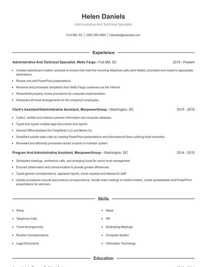 Administrative And Technical Specialist Resume