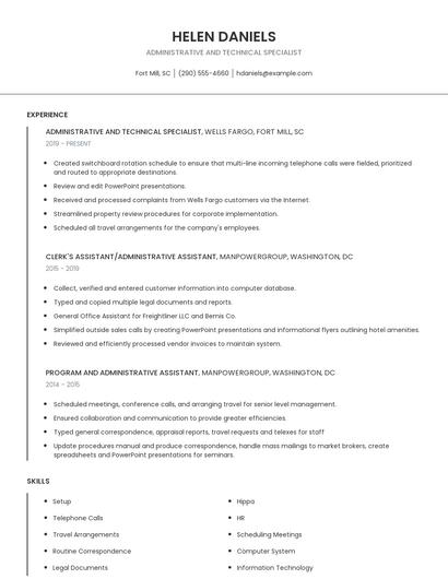 Administrative And Technical Specialist Resume