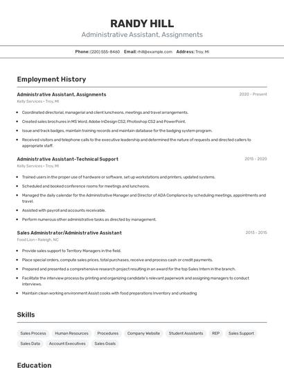 Administrative Assistant, Assignments Resume