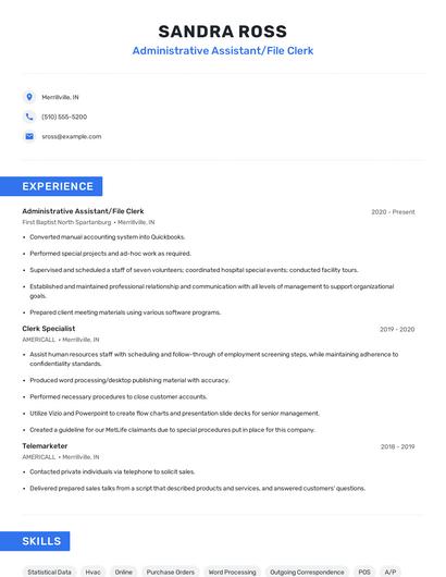 Administrative Assistant/File Clerk Resume
