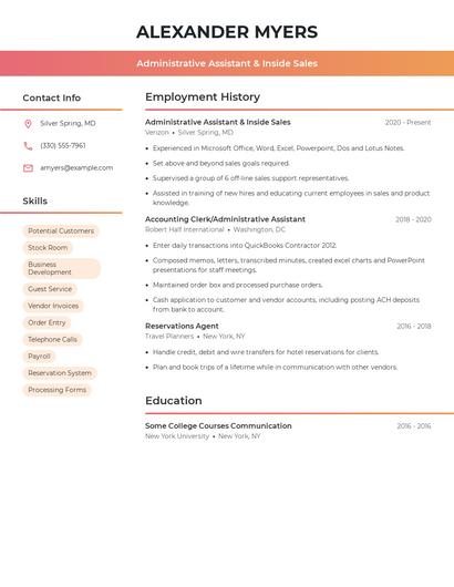 Administrative Assistant & Inside Sales Resume