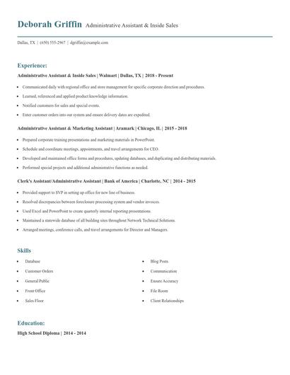 Administrative Assistant & Inside Sales Resume