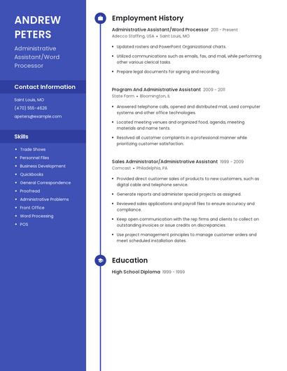 Administrative Assistant/Word Processor Resume