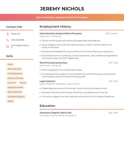 Administrative Assistant/Word Processor Resume