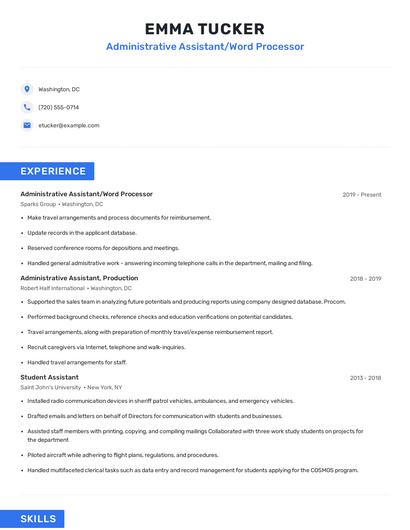 Administrative Assistant/Word Processor Resume