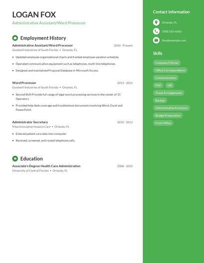 Administrative Assistant/Word Processor Resume
