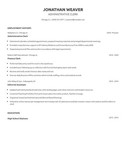 Administrative Clerk Resume