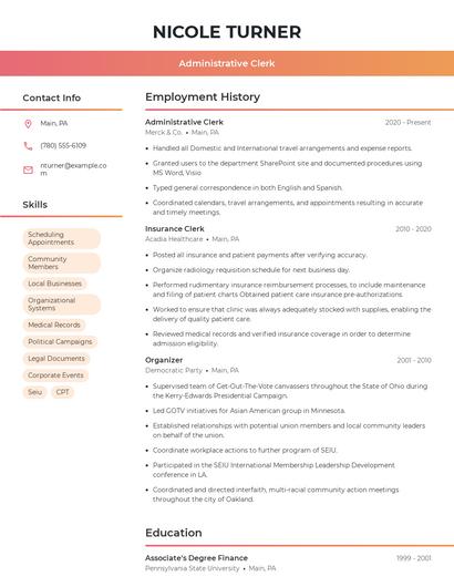 Administrative Clerk Resume