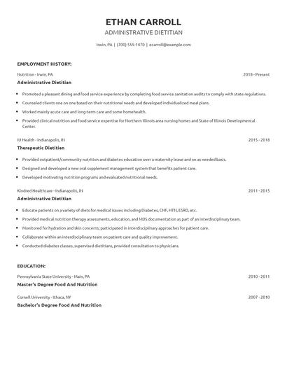 Administrative Dietitian Resume