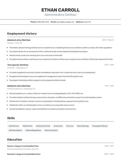 Administrative Dietitian Resume