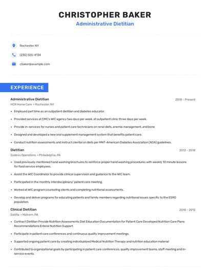 Administrative Dietitian Resume
