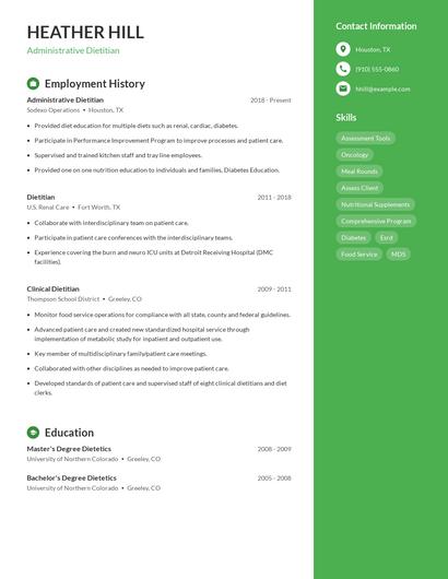 Administrative Dietitian Resume