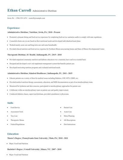 Administrative Dietitian Resume