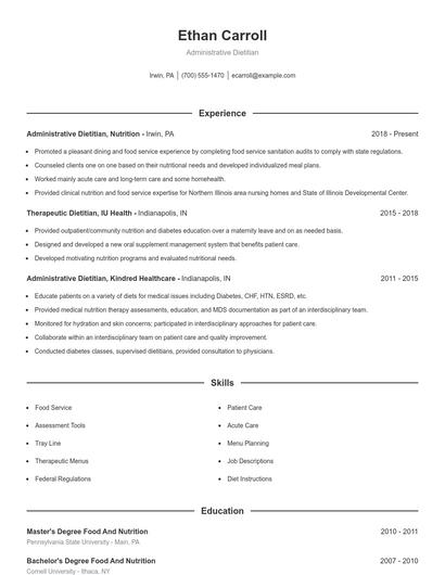 Administrative Dietitian Resume