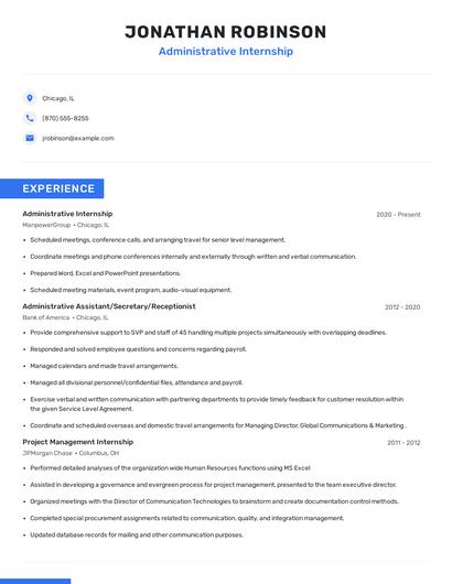 Administrative Internship Resume