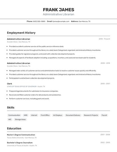 Administrative Librarian Resume