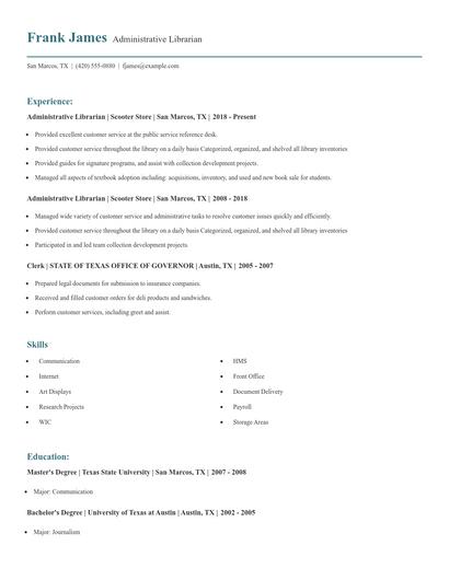 Administrative Librarian Resume