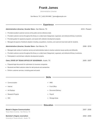 Administrative Librarian Resume