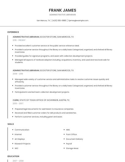 Administrative Librarian Resume
