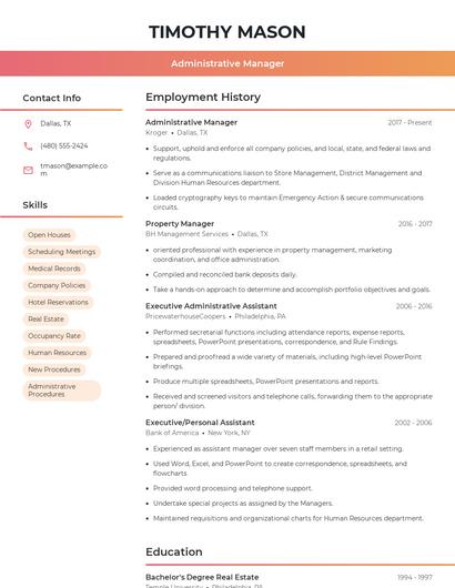 Administrative Manager Resume