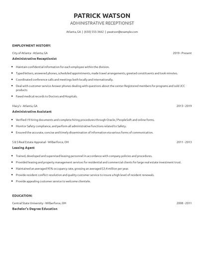 Administrative Receptionist Resume
