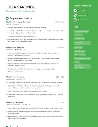 Administrative Services Supervisor Resume