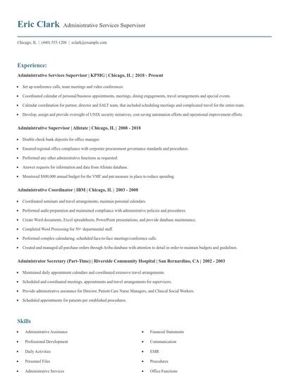 Administrative Services Supervisor Resume