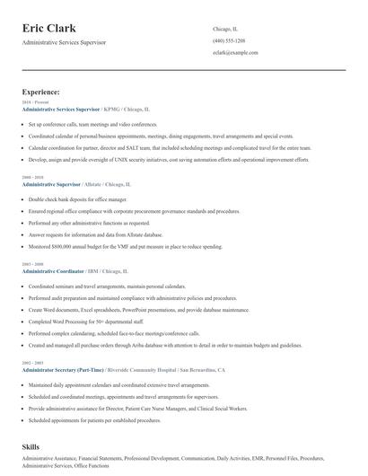 Administrative Services Supervisor Resume
