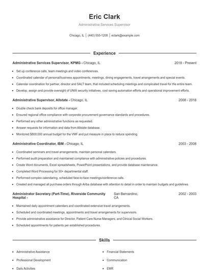 Administrative Services Supervisor Resume